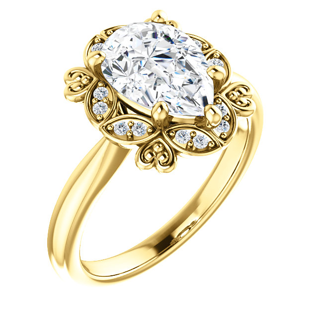 A yellow gold ring with a diamond in the center surrounded by smaller diamonds